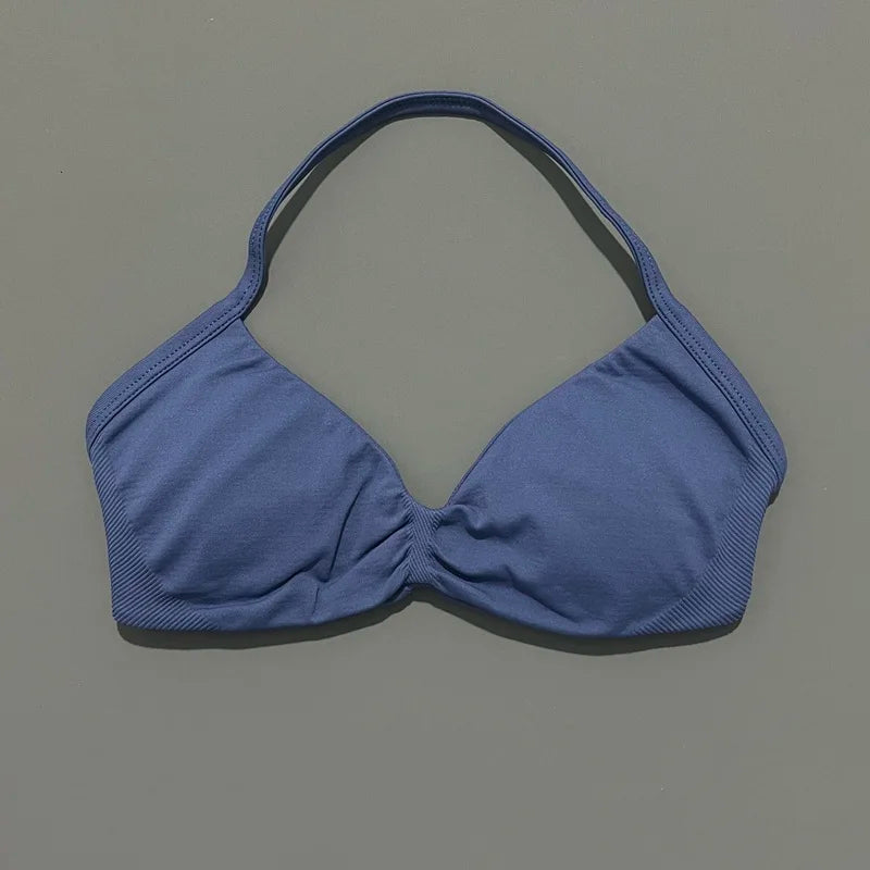 HISTELLO Sports Bra Seamless Halter Thin Strap High Support Scrunch Women Removable Pads Gym Fitness Workout Yoga Clothes