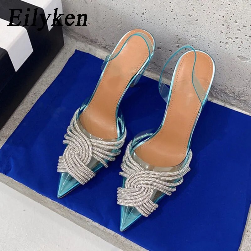 Eilyken Sexy Crystal Chain Thin High Heels Women Pumps Designer PVC Transparent Pointed Toe Stripper Party Ladies Shoes