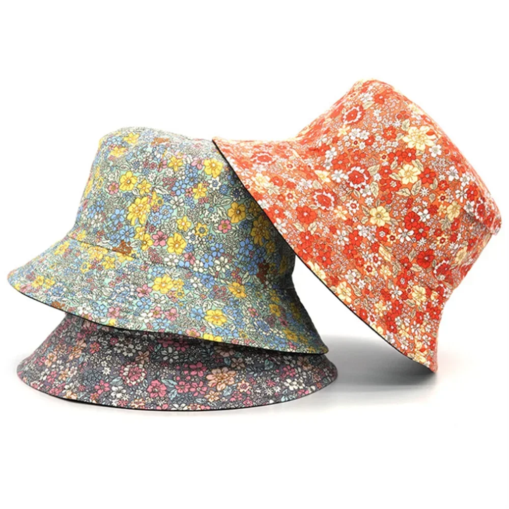 Spring and Summer Small Floral Print Bucket Hat Trend Flower Double-Sided Male Wild Basin  Sun  Woman Cap