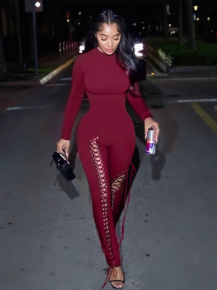 Sisterlinda Sexy Fashion Jumpsuits Woman o-Neck Full Sleeve Shirring Hollow Skinny Peach Hip Hot Girls Midnight Party Clubwear