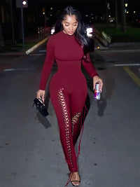 Sisterlinda Sexy Fashion Jumpsuits Woman o-Neck Full Sleeve Shirring Hollow Skinny Peach Hip Hot Girls Midnight Party Clubwear