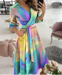 Spring/Summer Fashion Long sleeved V-neck Printed Hip Wrap Dress for Women