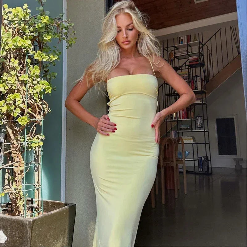 Spaghetti Strap Bodycon Maxi Dress Sexy Backless Beach Long Dress Elegant Night Club Party Dresses For Women