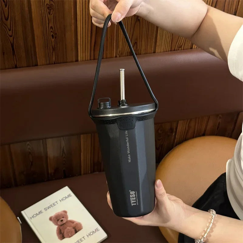 Stainless Steel Vacuum Insulated Coffee Mugs with Straw and Silicone Rope Portable Large Capacity Ice Bar Thermal Water Cup