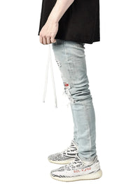 Men Jeans Denim Pants Pencil Pant Slim Fit Hole Print Pockets Straight Trousers Casual Elastic Waist Lace Up Autumn 2024