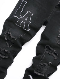 Men's Jeans Black Denim Pants Straight Leg Comfort Mid Waist White Embroidery Casual Streetwear Spring Slim Fit Trousers