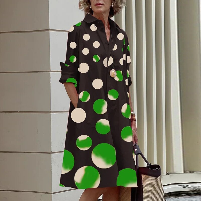 Elegant Solid Shirt Dress Women 2023 Turn Down Collar Long Sleeve Midi Dresses Spring Ladies Commute Casual Loose Pocket Blouses