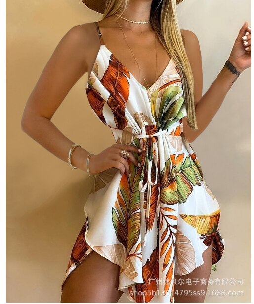 New Recreational Girls in Summer 2022, Feather Printed Bat Winged Sleeve Asymmetric Dress