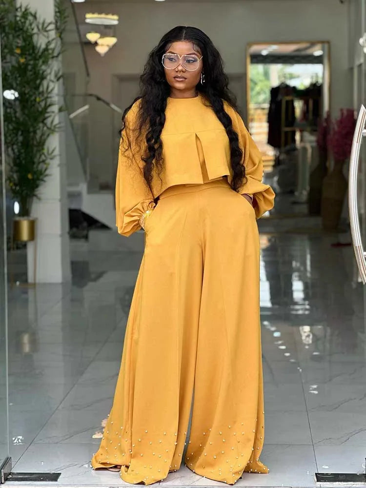 Spring Clothes for Women 2 Piece Sets Women Outfit Lantern Sleeves Suit with Wide Pants and Top High Street Ladies Elegant Sets