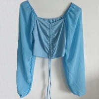 Horetong Women's Sexy V-neck Off-Shoulder Blouses Summer Drawstring Bandage Long Sleeve Tops Ladies Korean Fashion Short Clothes