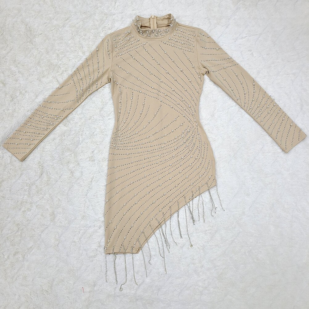 High Quality Celebrity Nude Long Sleeve Beading Bodycon Dress Elegant Club Party Dress Vestidos