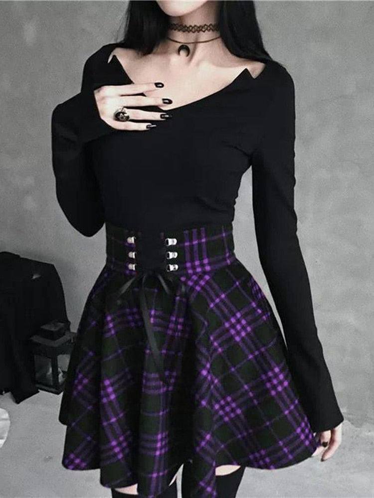 Sexy Black Checkered Women&#39;s Gothic Skirt Women Pleated Plaid Skirts