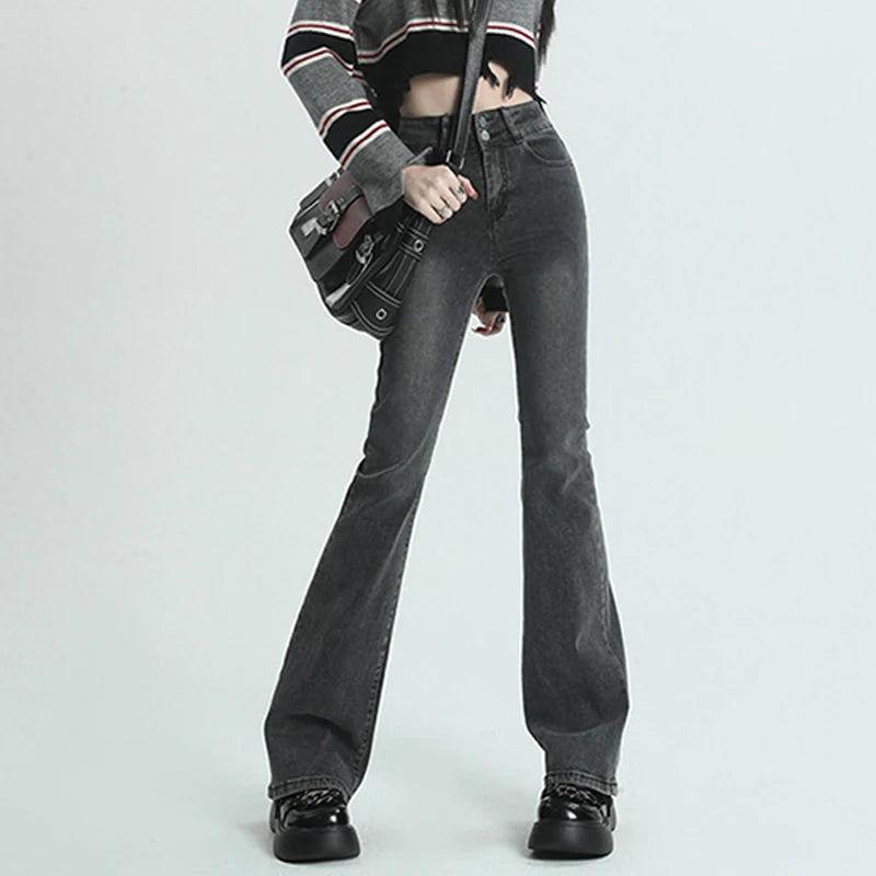 Summer Flared Jeans Women Cotton Vintage Blue Denim Pants Streetwear Elastic High Waist Slim Harajuku Trousers