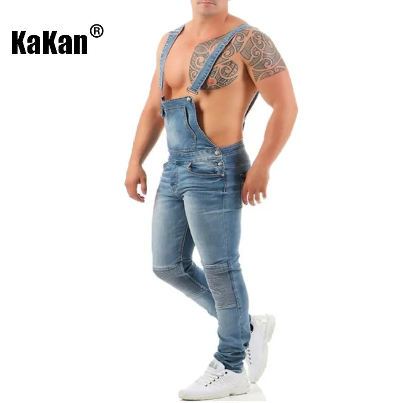 Kakan - New European and American Men's Suspender Jeans, Blue Black Torn Color Matching Jumpsuit Long Jeans K34-992