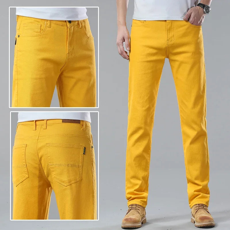 New High Quality Men's Trend Yellow Red White Jeans 2024 Spring Autumn Male High Waist Casual Pants Classic Brand Denim Trousers