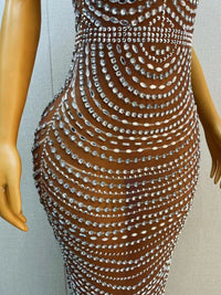 Sexy Brown Mesh Transparent Silver Rhinestones Crystals Dress Birthday Wedding Celebrate Outfit Prom Party Photo Shoot Gowns