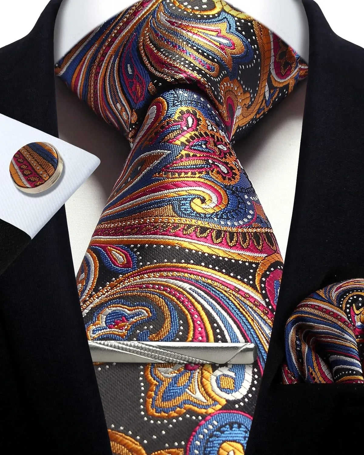 Mens Tie Set Silk Silver Paisley Floral Necktie and Pocket Square Cufflinks Tie Clip Classic Formal Ties for Men Wedding Party