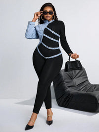 Plus Size Women's Asymmetrical Denim-Trimmed Long Sleeve Top with Belted Straps