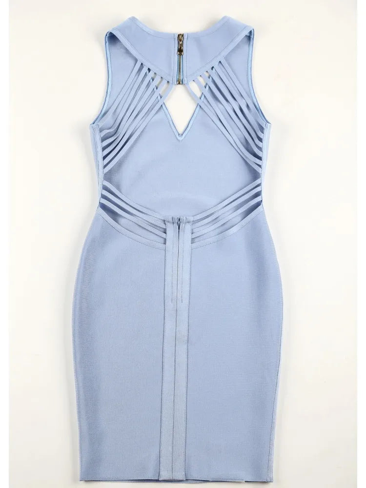 New Fashion Sexy V Neck Designer Light Blue Bandage Dress Women Sexy Backless Summer Party Dress