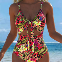Women's Tropical Leopard Print One Piece Swimsuit, Cutout Tie Knot Bikini Style Bathing Suit, High Cut Beachwear for Summer Vaca