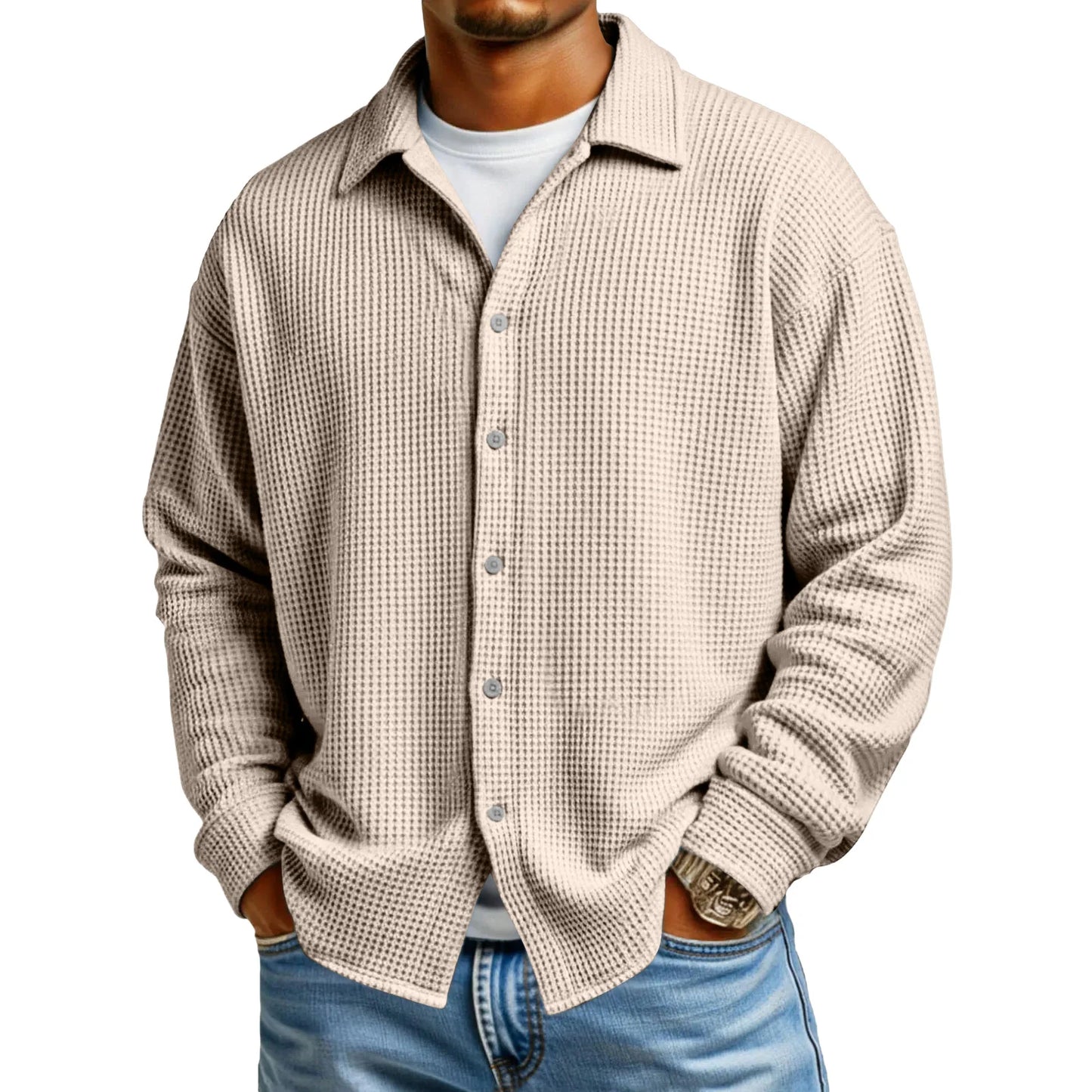 Men Casual Button Down Shirt Long Sleeve Collar Shirt Waffle Texture Loose Fit Fashion Men Top Trendy Outfit Daily Wear