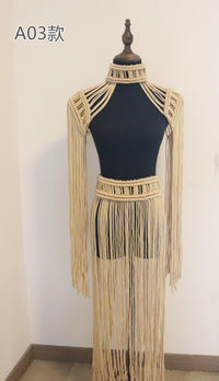 Leosoxs Hand Crochet Knitted Women Bikini Cover Ups Summer Holiday Tassel Beach Bathing Suit Sexy Hollow Out Skirts Matching Set