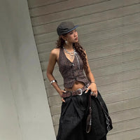 Plaid Print Vintage Cardigan V-neck Buttons Halter Casual Crop Tops Sexy Backless Sleeveless Tank Tops Fashion Streetwear Vest