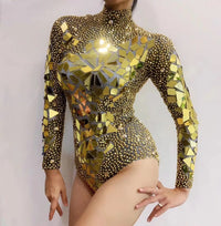 Sparkly Gold Rhinestones Mirrors Shining Bodysuit Women Birthday Celebrity Prom Party Outfit Singer Stage Rompers Dance Costume