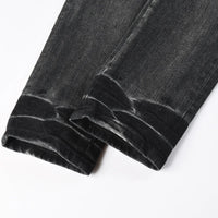 Fashionable new men's jeans with pleats, washed water, nostalgic perforations, red patches, men's black and gray jeans, high str