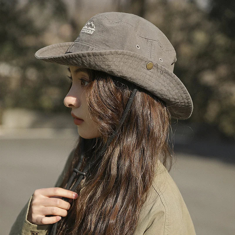 Sun Hats for Men Outdoor Camping Cap Wide Brim Flat Top Anti-UV Protection Women Letter Print Bucket Hat Summer Fisherman Caps