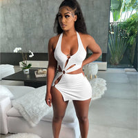 New Backless Sexy Beach Style Mini Dress Metal Ring Party Slim White Slit Dress 2022 Summer Refreshing Harajuku Fashion Clothing