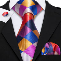 Barry.Wang Plaid Silk Men Tie Hanky Cufflinks Set Checked Jacquard Necktie for Male Formal Casual Wedding Business Party Events