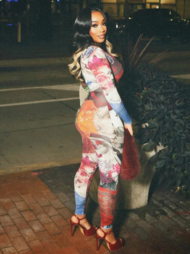 Sisterlinda Hip Jumpsuits Woman Hot Girls Colorful Print Autumn Trend o-Neck Full Sleeve Skinny Street Sexy Fashion Overalls