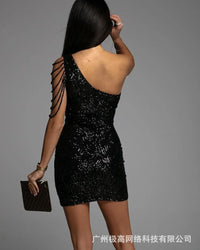 One Shoulder Cutout Allover Sequin Party Dress Women Sleeveless High Waist Evening Mini Dress Slim Sequined Solid Color