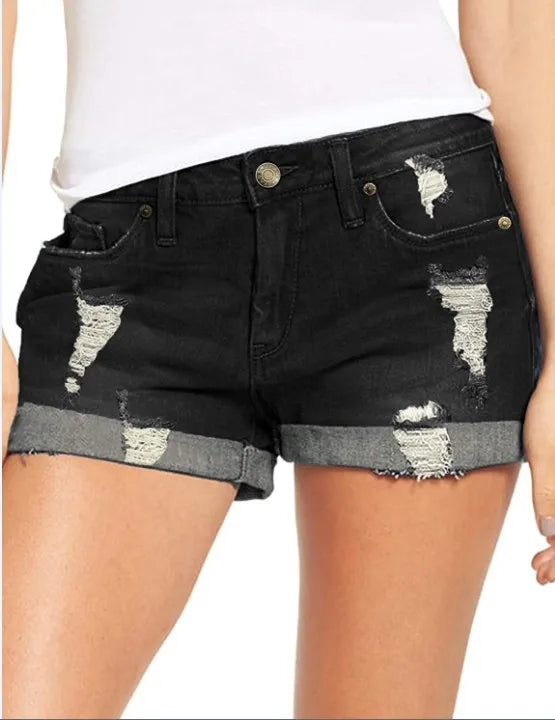 Denim Shorts for Women High Rise Ripped Distressed Jean Shorts And Pockets Summer Casual Cuffed Hem Non Stretchy Denim Shorts