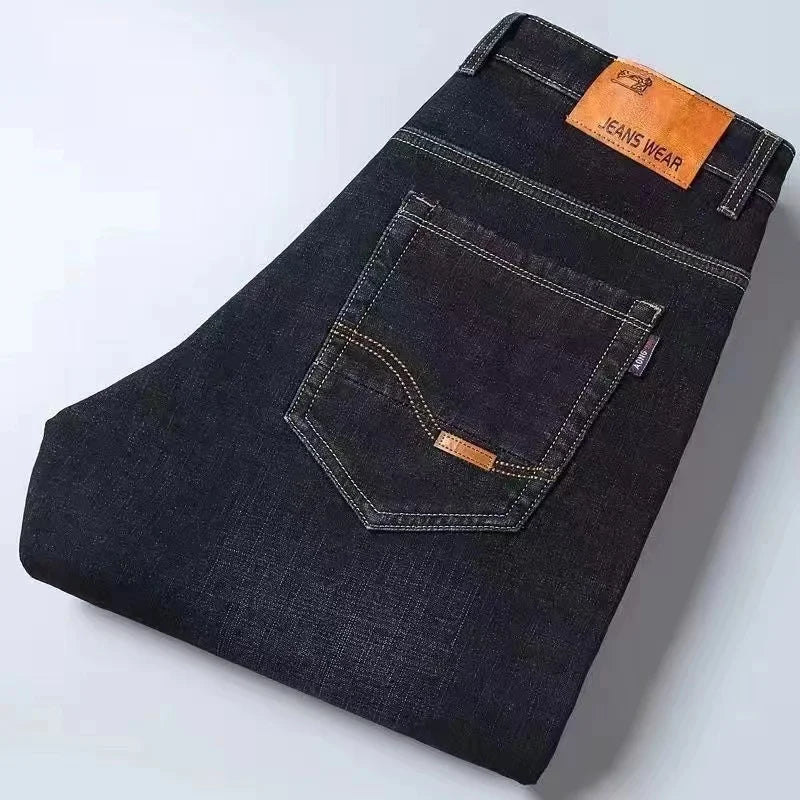 2025 New Brand Washed Jeans Trousers Four Season Men's High Quality Jeans Business Casual High Waist Denim Pants