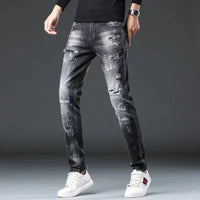 EH·MD® Ripped Hole Jeans Men's Paint Dots Ink Splattered Soft Cotton High Elastic Leather Label Black Grey Slim Pants Red Ears 2