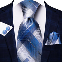 Hi-Tie Designer Silk Wedding Tie For Men Blue White Plaid Handky Cufflink Set Fashion Necktie For Men Business Party Wholesale