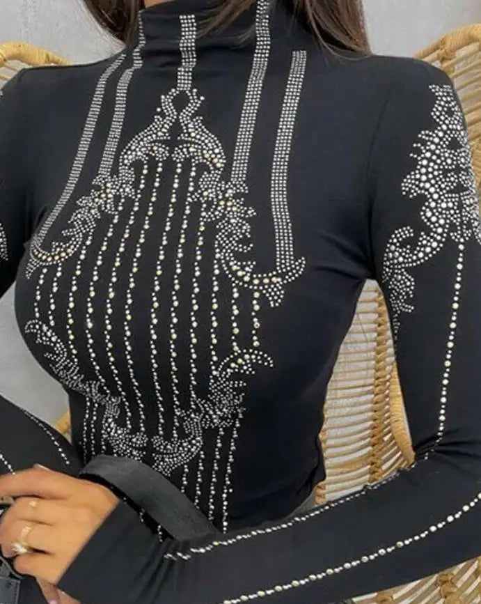 Tops Women 2024 Summer Fashion Basics Rhinestone Decor Long Sleeve Top Women's Clothes Sexy Casual Skinny T-Shirt Y2K Clothes