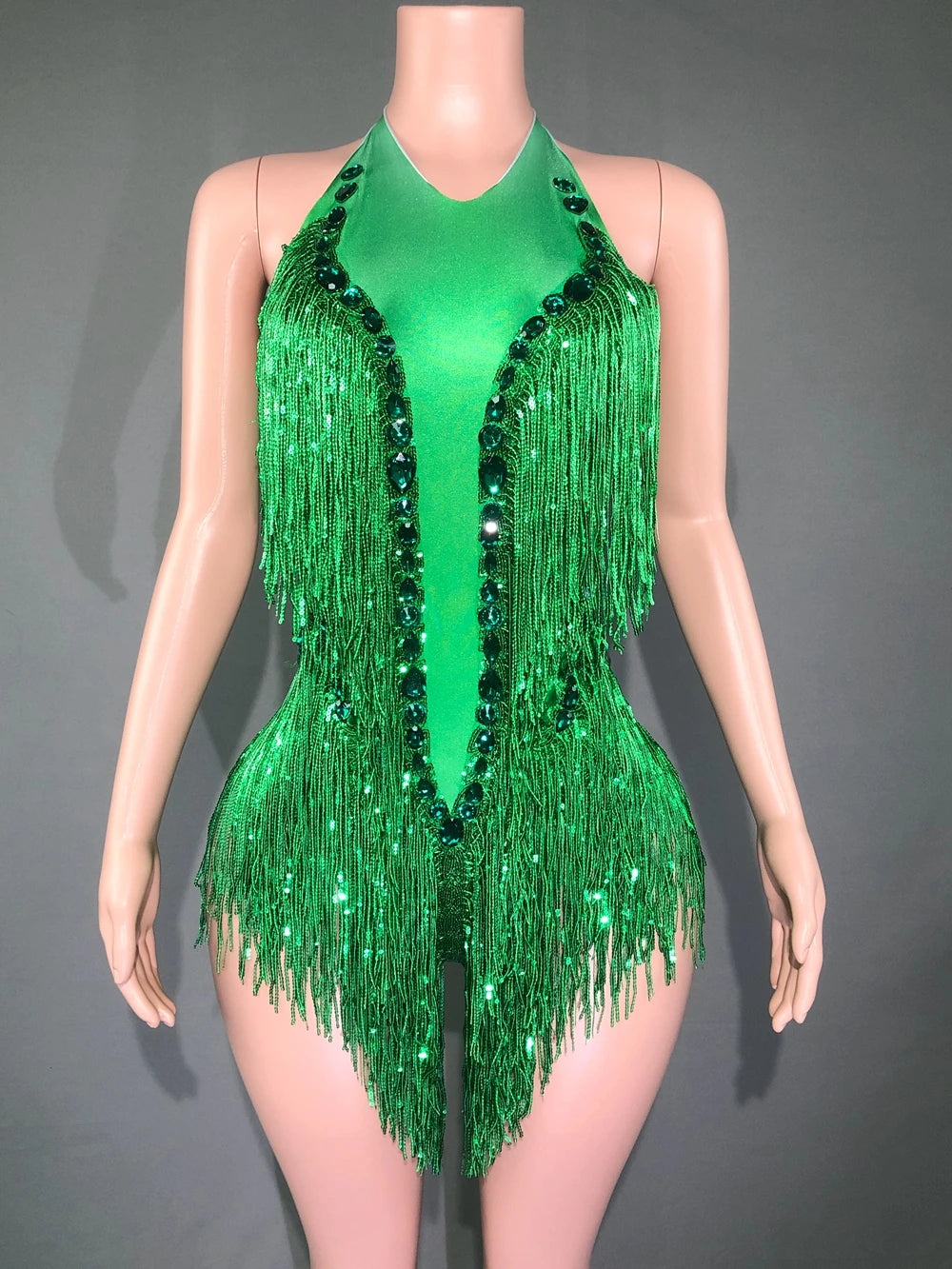 Sparkly Hot Pink Crystals Sequins Fringes Bodysuit for Women Sexy Backless Dance Costume Dancer Performance Show Stage Wear