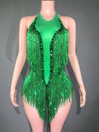 Sparkly Hot Pink Crystals Sequins Fringes Bodysuit for Women Sexy Backless Dance Costume Dancer Performance Show Stage Wear