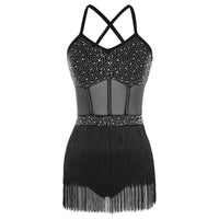 Womens Latin Dance Dress Sheer Mesh Patchwork Tiered Tassel Bodysuit Dress and Gloves for Tango Samba Dance Ballroom Dancewear