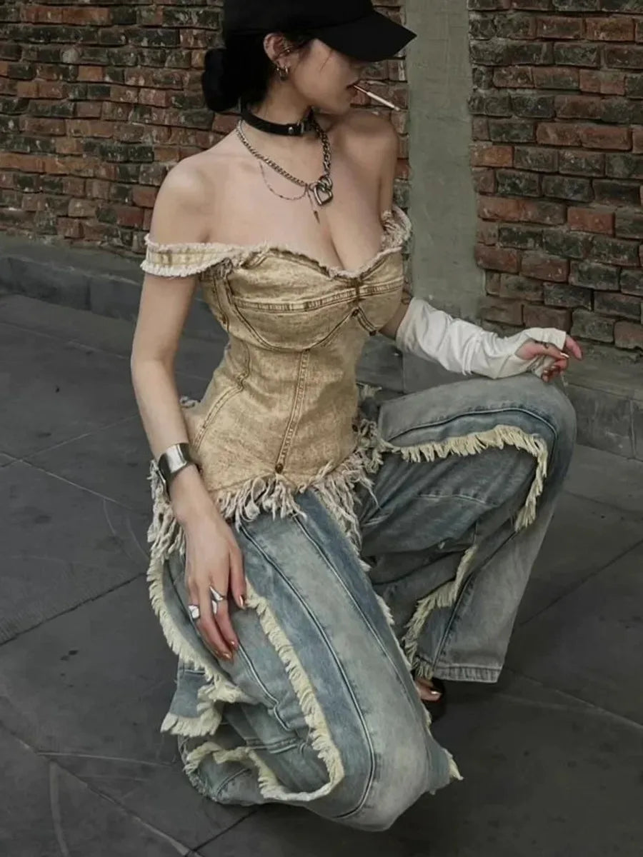 Vintage Women Washed Y2K Baggy Japanese 2000s Denim Trouser Casual Tassels Pants Female Street Trashy Retro High Waist Jeans