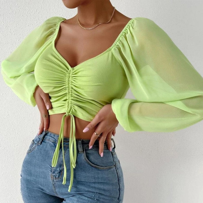 Chiffon Drawstring Crop Top Women Spring Summer Lantern Sleeve V-Neck Fashion Blouses Hight Street Skinny Sexy Shirt Y2K Clothes