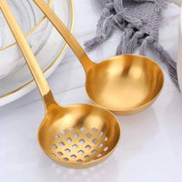 Gold Soup Ladle Colander Set, Long Handle Stainless Steel Kitchenware Cookware Serving Spoon, For Cooking Utensil(4 PCS)