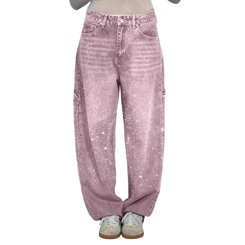 Women's Sparkly Harem Jeans High Waisted Baggy Wide Leg Bling Jeans Casual Straight Leg Denim Pants for Streetwear