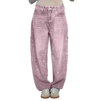 Women's Sparkly Harem Jeans High Waisted Baggy Wide Leg Bling Jeans Casual Straight Leg Denim Pants for Streetwear