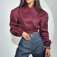 Women's Solid Color Long Sleeved Fashionable Wine Red Slim Fit V-neck Double Breasted Long Sleeved Top for Spring 2026