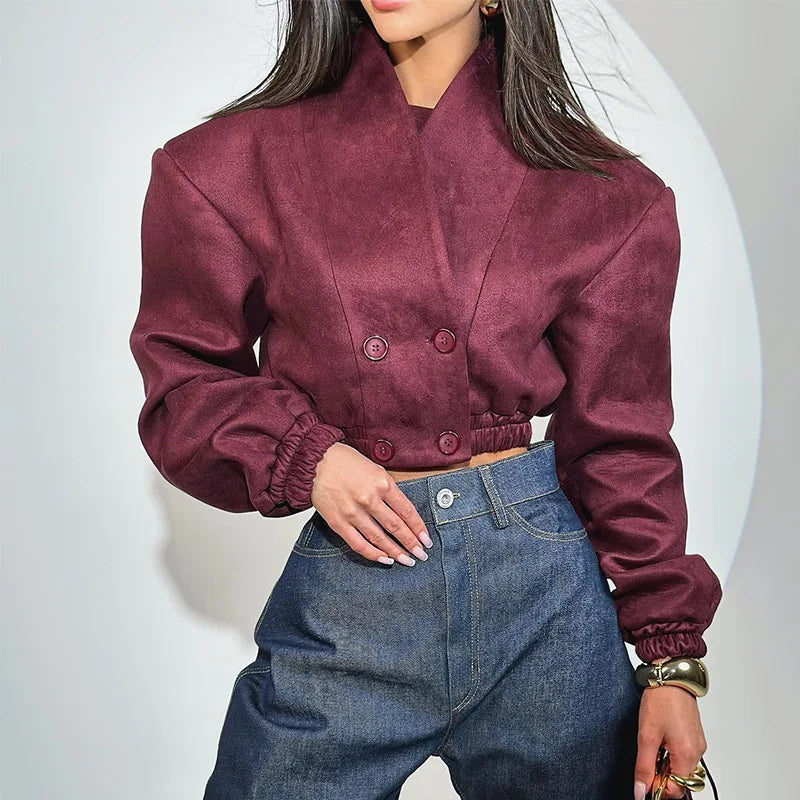Women's Solid Color Long Sleeved Fashionable Wine Red Slim Fit V-neck Double Breasted Long Sleeved Top for Spring 2026