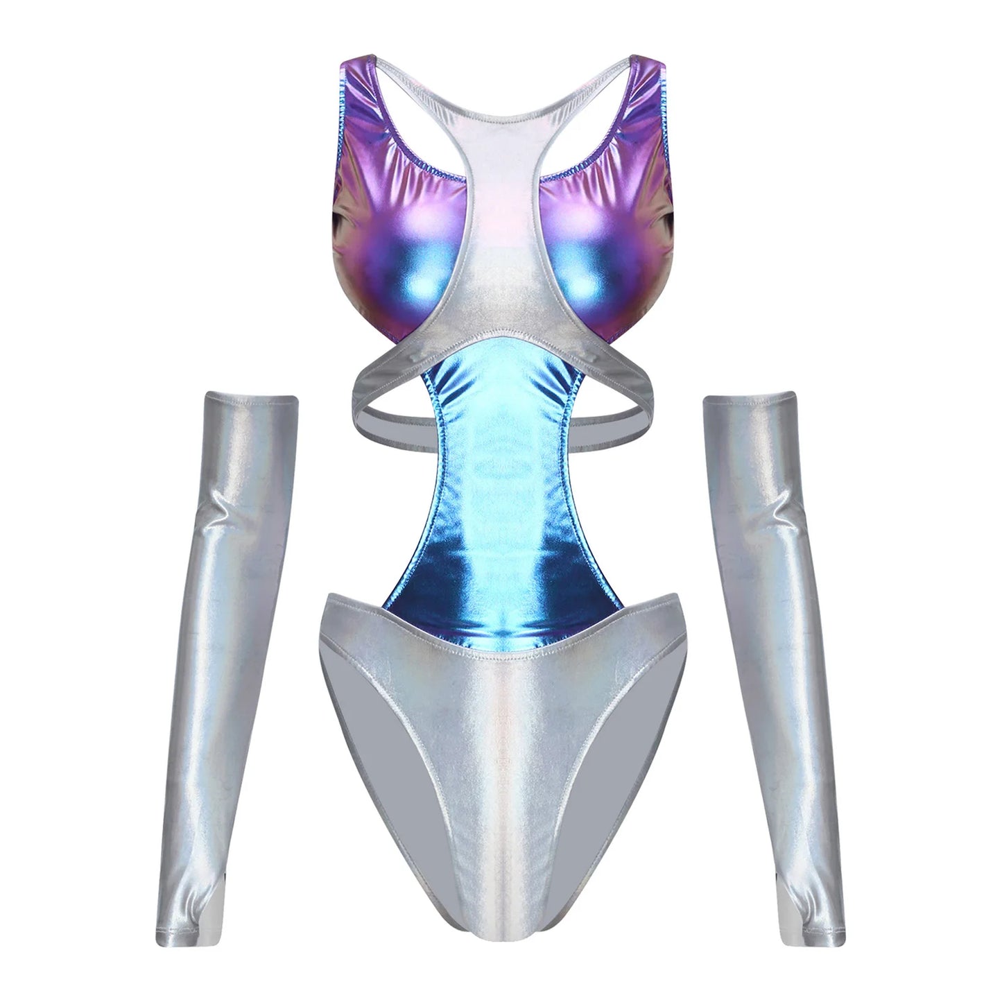 Women Metallic Shiny Bodysuit with Fingerless Long Gloves Contrast Cut Out Leotard for Halloween Cosplay Astronaut Alien Costume